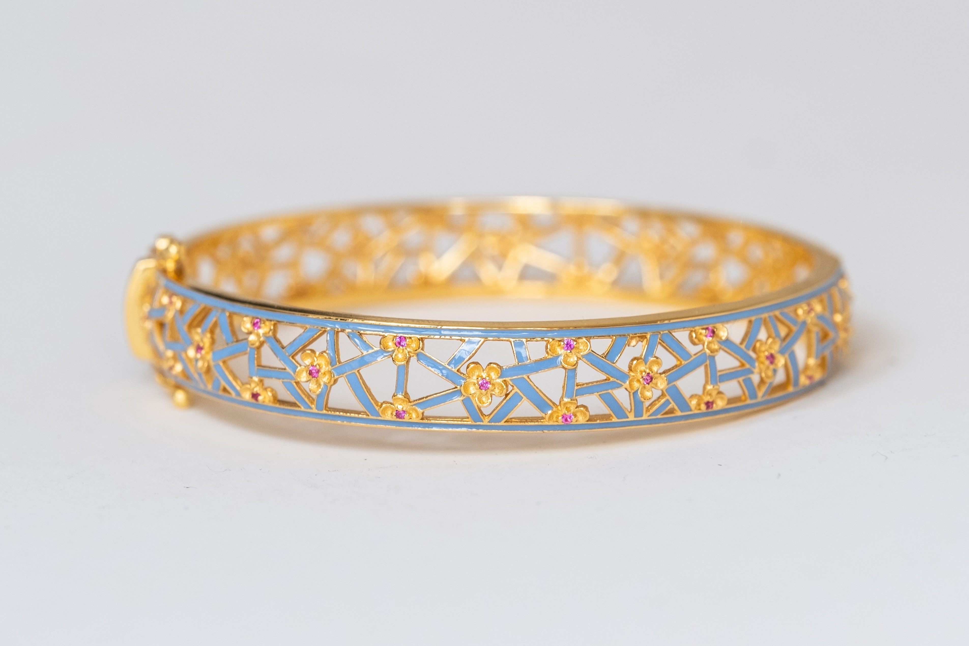 云水光中暗香疏影s925银镀金冰梅纹开口手镯冷珐琅版