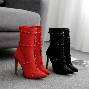 European and American women’s boots pointed leather belt nail women’s boots red and black