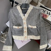 Fried street style V-neck tweed black and white thousand bird grid short coat 2021 early autumn new texture small fragrance trend suit