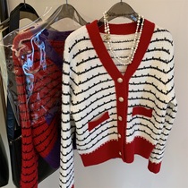 v collar Coloured striated striped knit cardiolor 2022 Spring new metal buckle Leisure loose small fragrant wind sweater