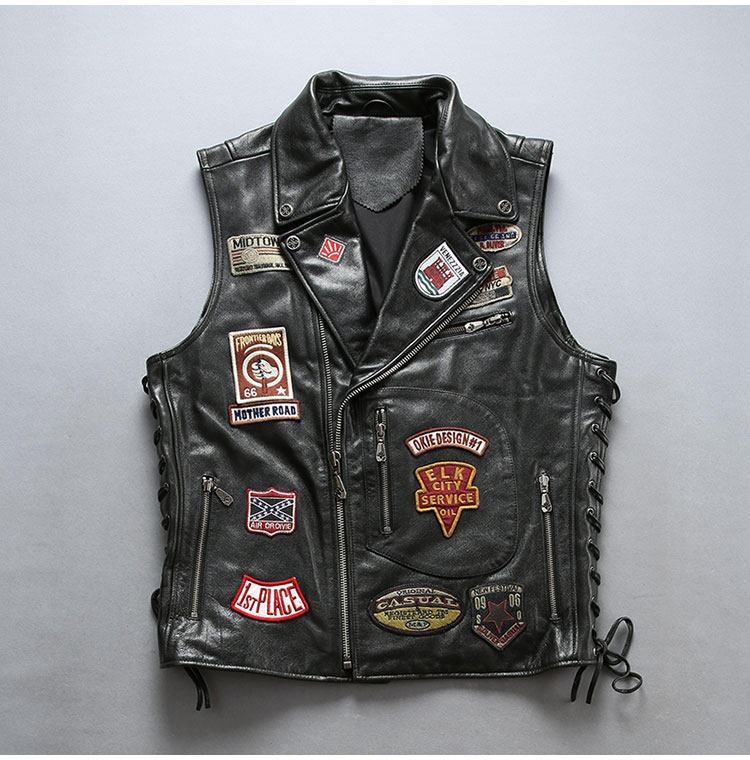 哈雷机车真皮马甲背心男 头层牛皮 多标修身青年短款真皮马夹坎肩