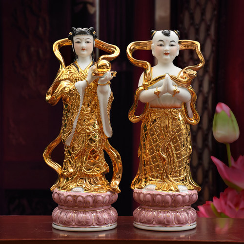 陶瓷金童玉女摆件善财龙女童子童男童女佛像供奉招财乔迁结婚礼品_7折