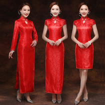 Etiquette Qipao Greet Miss Bing with Long Red Long Sleeves Open Cut Color New Etiquette Costume Women Banquets Autumn Winter