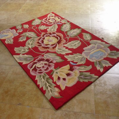 溢美手工纯羊毛地毯 客厅茶几卧室地毯 时尚红色芍药花朵地毯