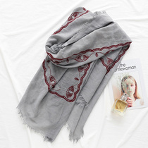 Qinghai Lake Autumn Winter National Wind Embroidery Scarf Cotton Linen Cape Tourist Lady Winter Multifunction Grey Scarves 100 hitch