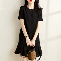 Sandro Svpr Black Dress Woman 2022 Summer new French style retro temperamental Lotus Leaf Side Little Black Dress