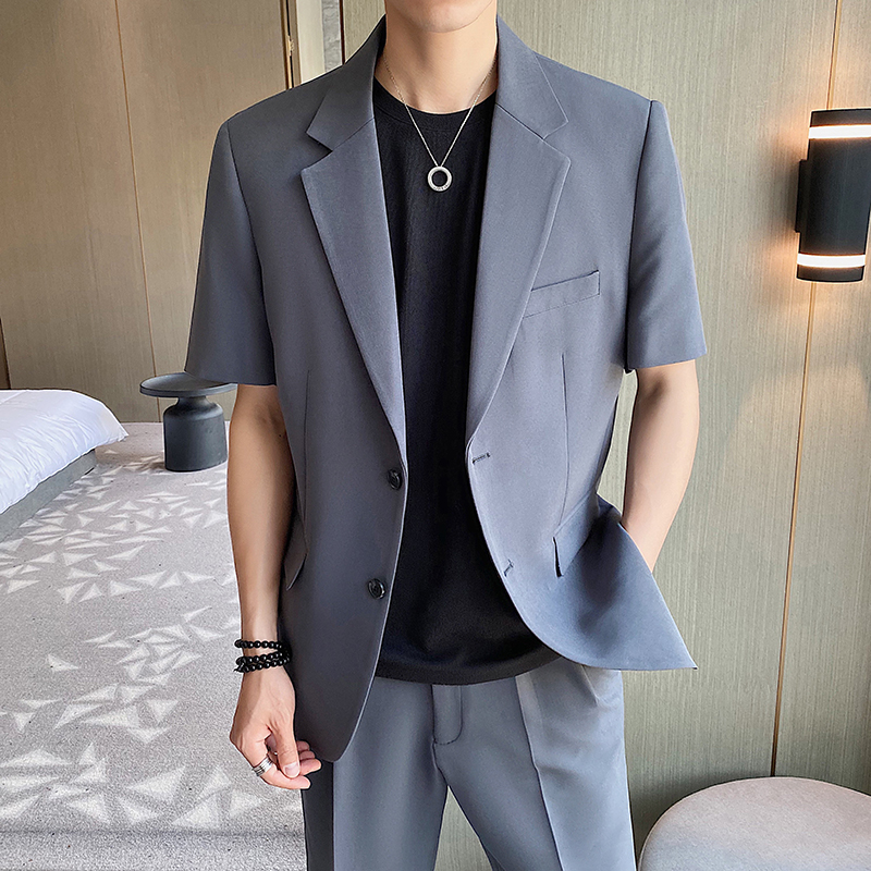 夏季男士单排扣休闲短袖西装套装 黑 /p160 控190