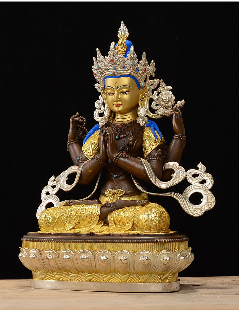 佛缘汇 四臂观音15寸鎏金鎏银藏传佛教密宗铜佛像摆件观音菩萨