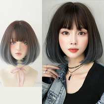 Gradient color wig Qi bangs short hair BOBO Bobo wig set Japanese buckle short straight hair wig full headgear