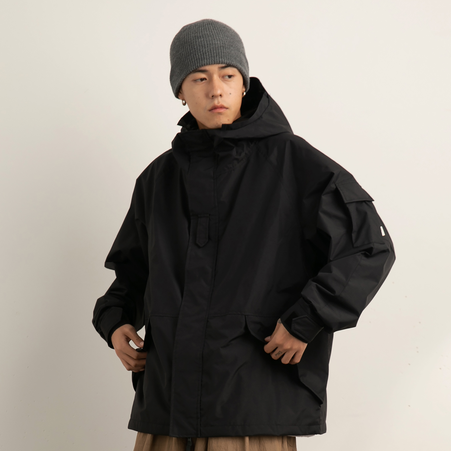 VAVUES 21AW户外机能防风防水夹克连帽日系宽松套头抽绳冲锋衣