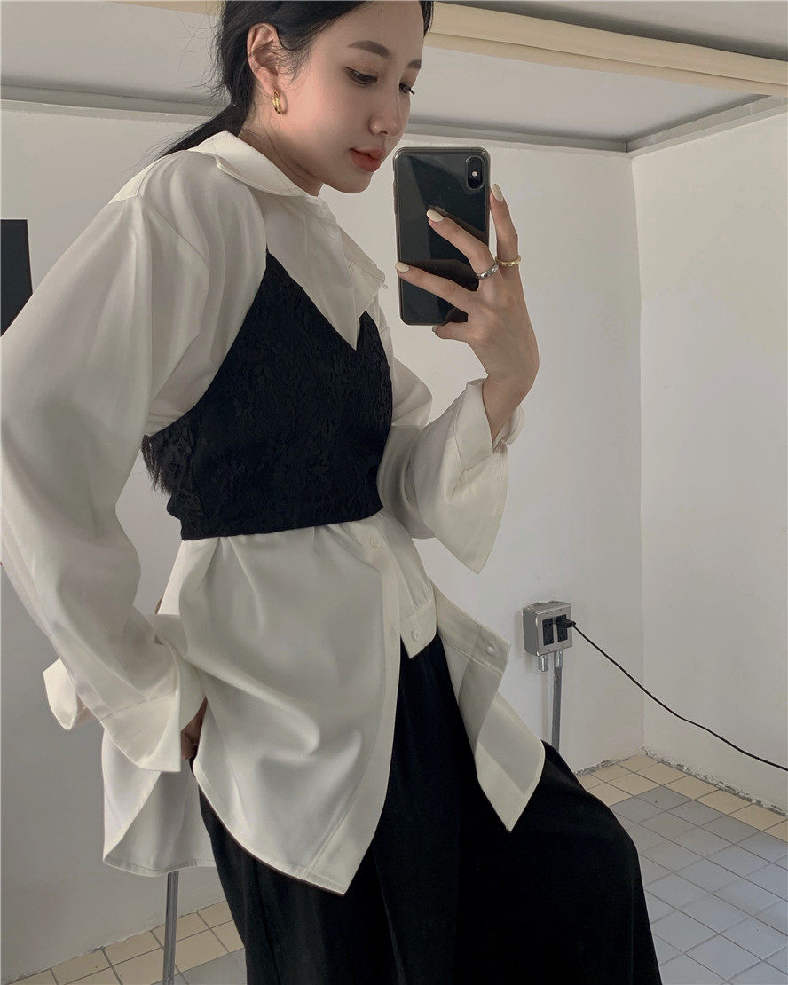 实拍缎面白衬衫女长袖春秋蕾丝黑色吊带背心上衣设计感