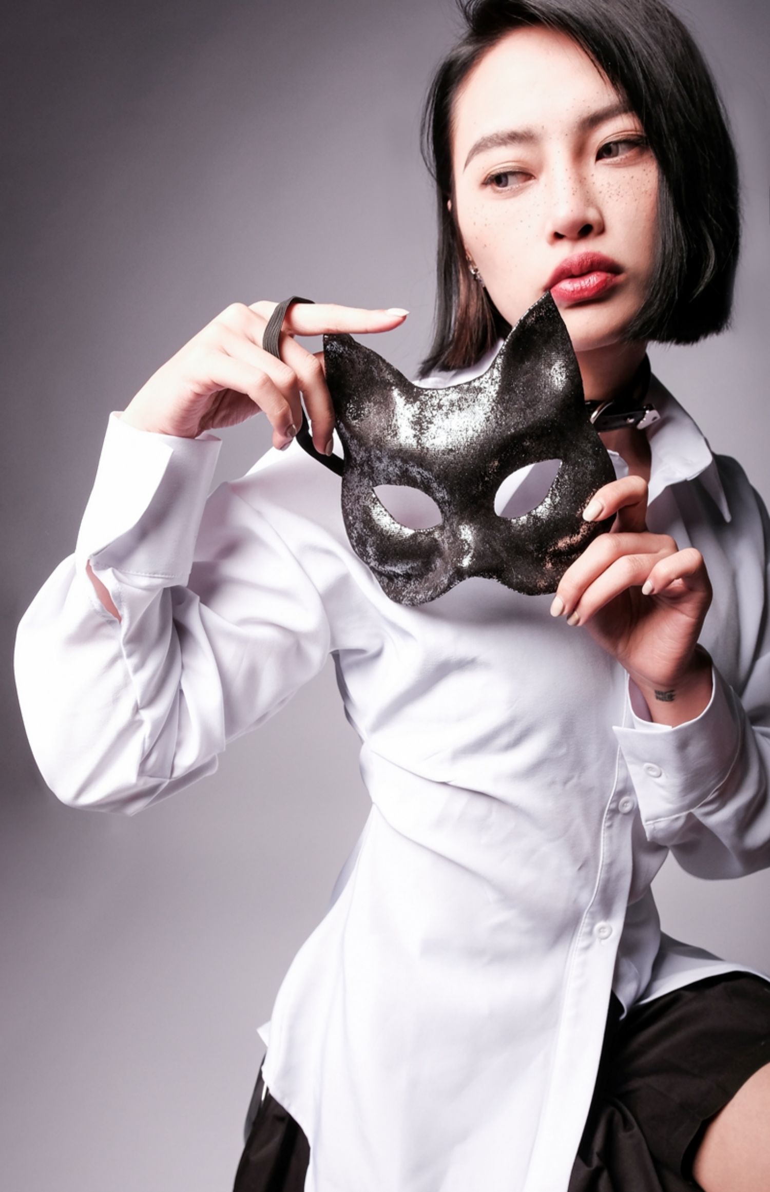 燕尾蝶黑色pu猫面具纯朋克暗黑系女生面具女孩全脸日系狐狸万圣节