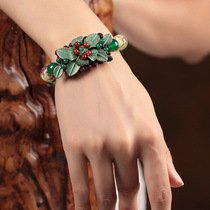 Green Yunnan ethnic style bracelet retro style female colored agate hand woven wide Chinese style hand jewelry