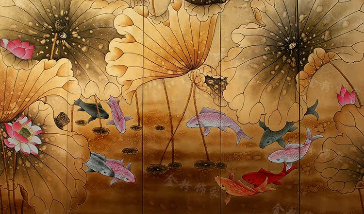 金玉满堂 金箔九鱼图 手绘漆画隔断现代中式折叠玄关彩绘荷花屏风