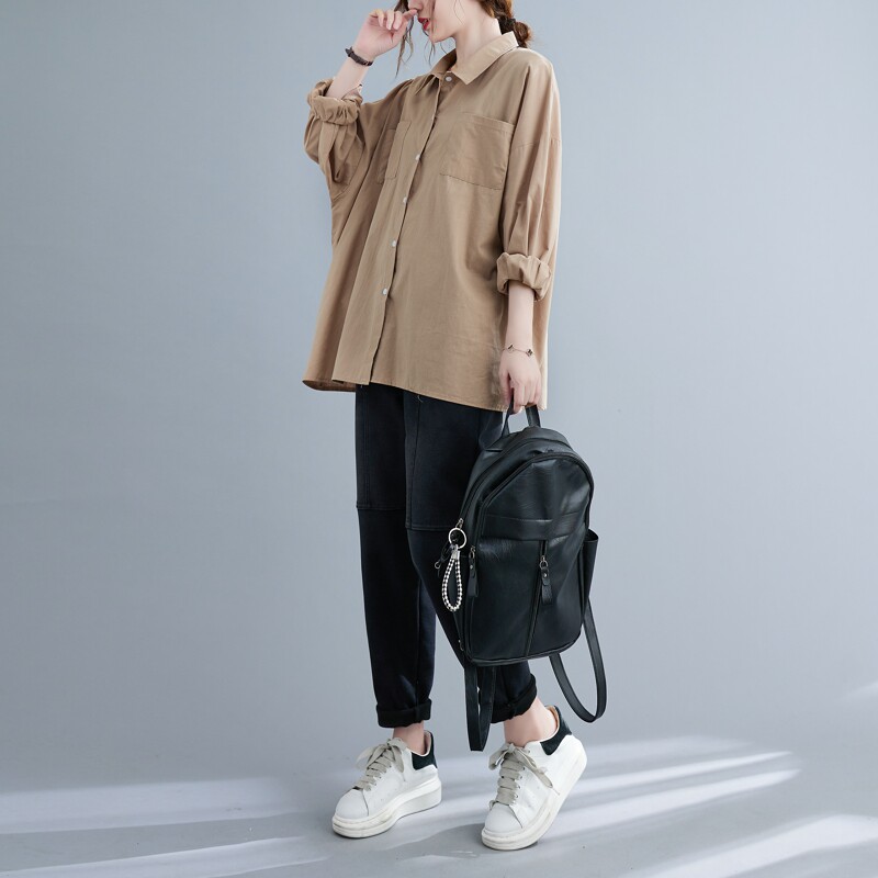 实拍双口袋宽松遮肉百搭休闲衬衫大码女装上衣