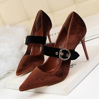 [Clearance]822-5 European and American style color matching women's shoes thin heels high heels suede shallow mouth pointed one-sided belt thin single shoes high heels