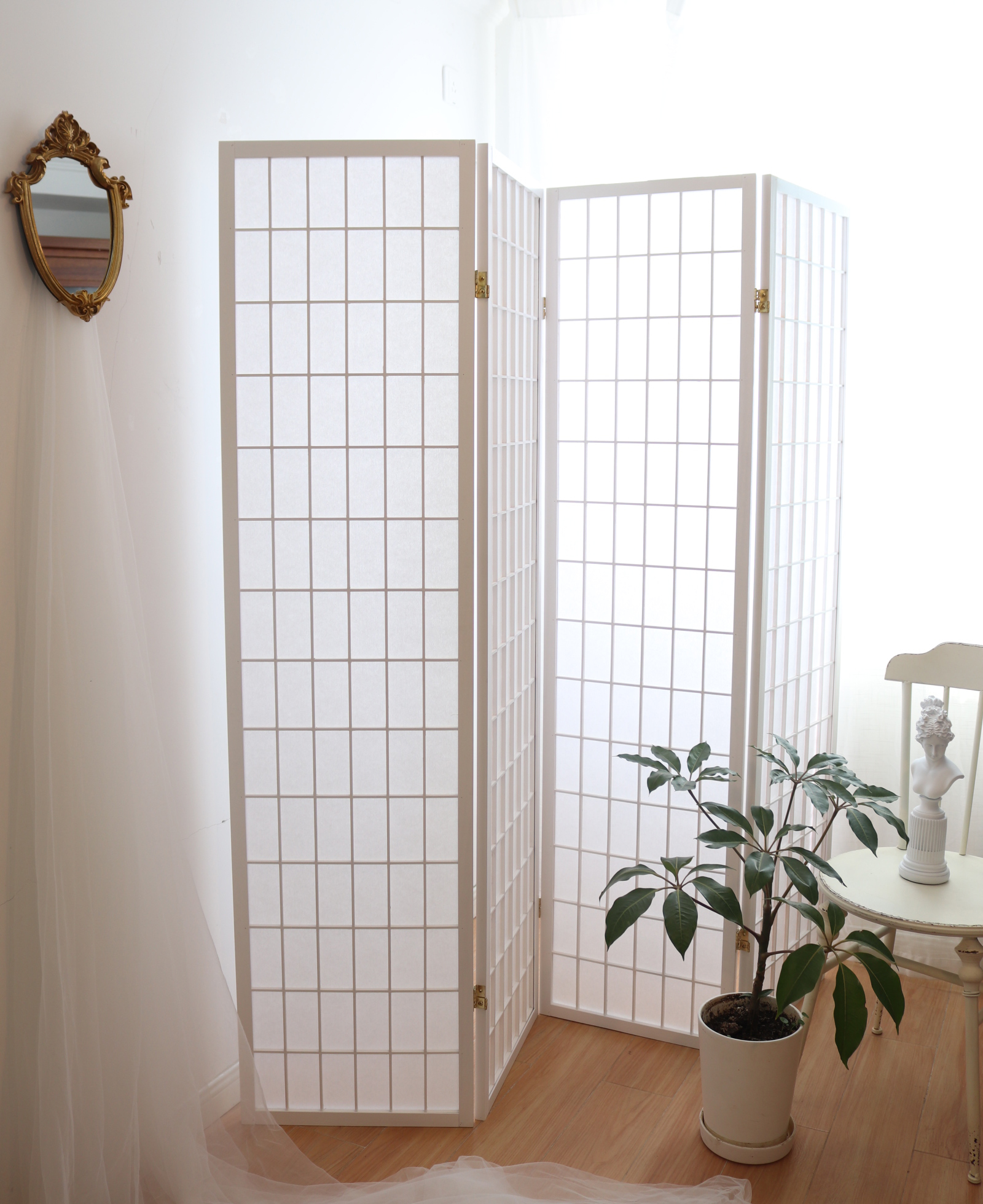 白色日式樟子格无纺布实木屏风玄关酒店折叠隔断摄影棚背景茶室