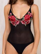 Korean version of the new sexy triangle one-piece embroidery rose mesh to cover the belly thin hot spring resort conservative swimsuit women