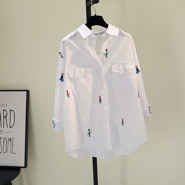 Embroidery cartoon cotton and linen white shirt female 2020 autumn new Han Fan literary loose casual shirt upper clothes tide Embroidery cartoon cotton and linen white shirt female 2020 autumn new Han Fan literary loose casual shirt upper clothes tide