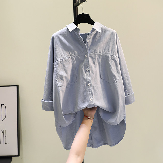 Double pocket blue cotton shirt female 2020 autumn new Hanfan Wen Yi bf wind casual shirts thin coat Double pocket blue cotton shirt female 2020 autumn new Hanfan Wen Yi bf wind casual shirts thin coat