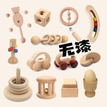 Montessori Montes newborn baby gripping gift log beech wood toy rattle with two round buttoned ringer egg cups