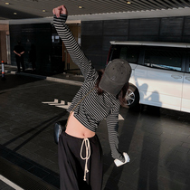 Song Zhengen Short T-shirt Women Long Sleeve 2021 Autumn Slim Stripe Body Cotton base shirt High Waist Top Tide