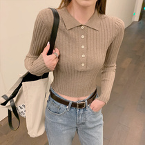 polo collar knitted base shirt women short autumn 2021 New Korean slim solid color long sleeve high waist top