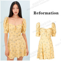 Reformation 21 Spring Summer Vintage Square Collar Bow Tie Bubble Sleeve Cut Waist Dress Skirt