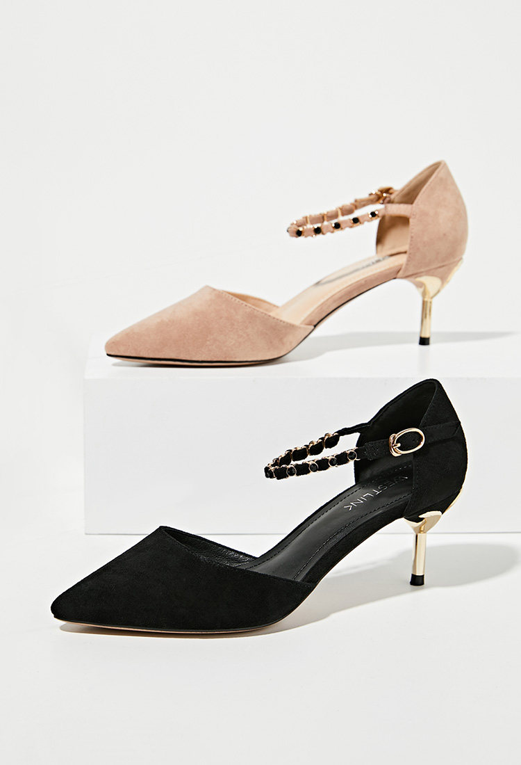 西遇女鞋2018春季新款绒面金属黑钻链条浅口高跟鞋女细跟尖头单鞋