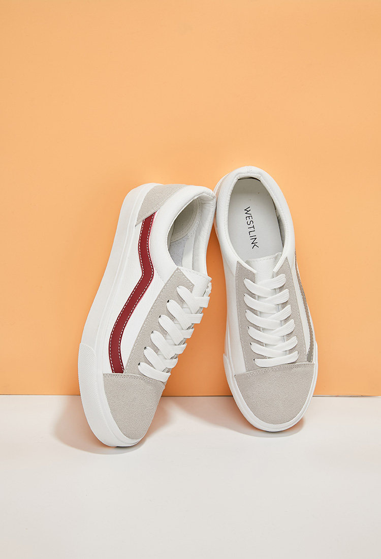 西遇2018春季新款女鞋撞色拼接拼色圆头系带低跟休闲鞋女平底板鞋_7折