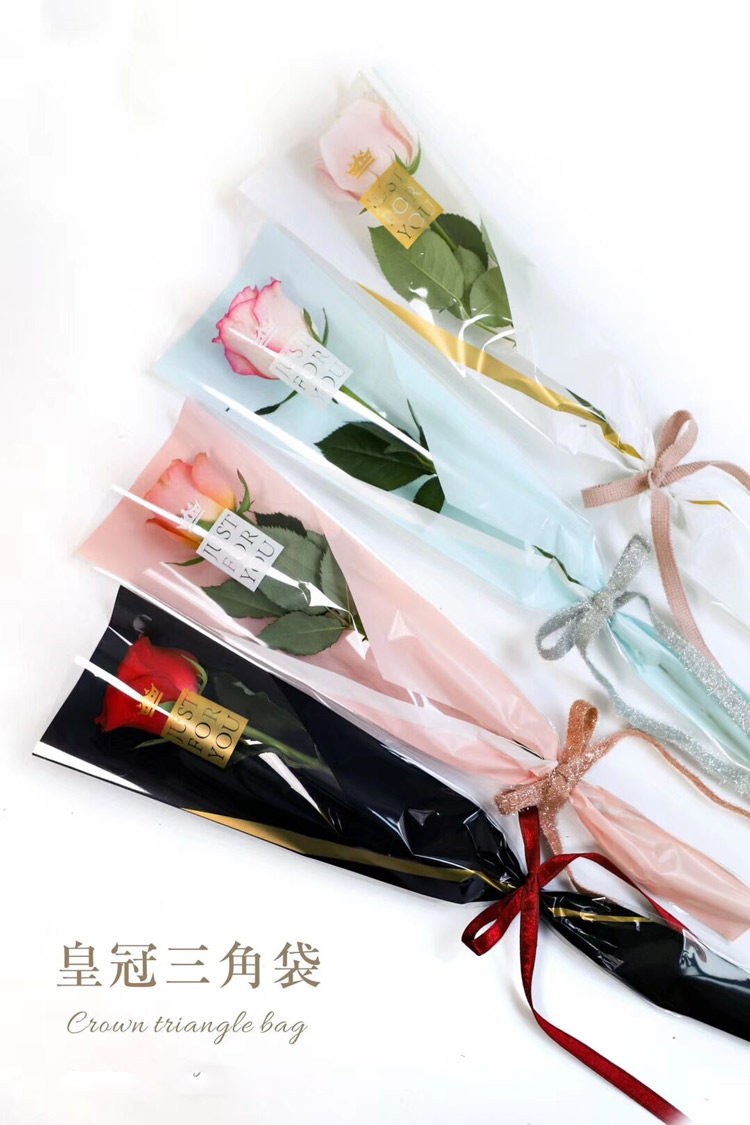 新款皇冠三角袋烫金印花单支玫瑰花袋单只包装袋花店包玫瑰花材料(新