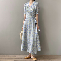  French light luxury elegant one-piece wrap dress 2021 summer new printing V-neck waist drawstring a-line skirt