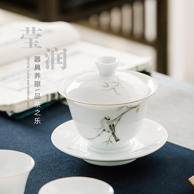 Jingdezhen ceramic kung fu tea set them hand draw three tureen teacup only a single thin body large bowl is not hot