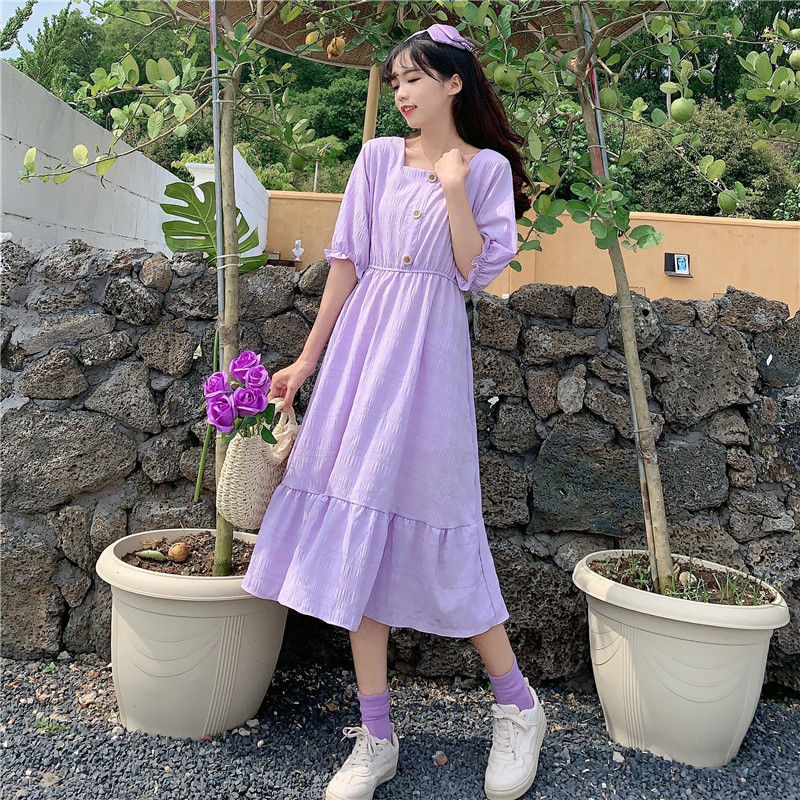 夏季新款气质方领小清新紫色裙子泡泡袖收腰显瘦中长款连衣裙女