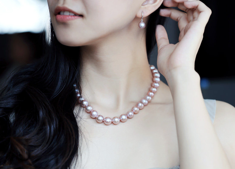 海蒂珍珠 紫锦9-10mm圆珠强光紫色淡水珍珠项链正品 s925银送妈妈