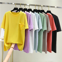 Large version t-shirt woman short sleeve summer loose 100 lap pure color blouse round collar white middle-aged pocket half sleeve undershirt