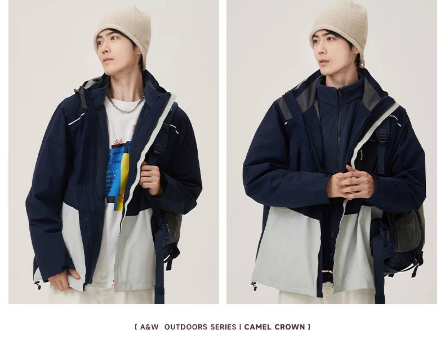 皇家骆驼户外三合一冲锋衣女拼接抓绒防风加厚露营登山服装外套男