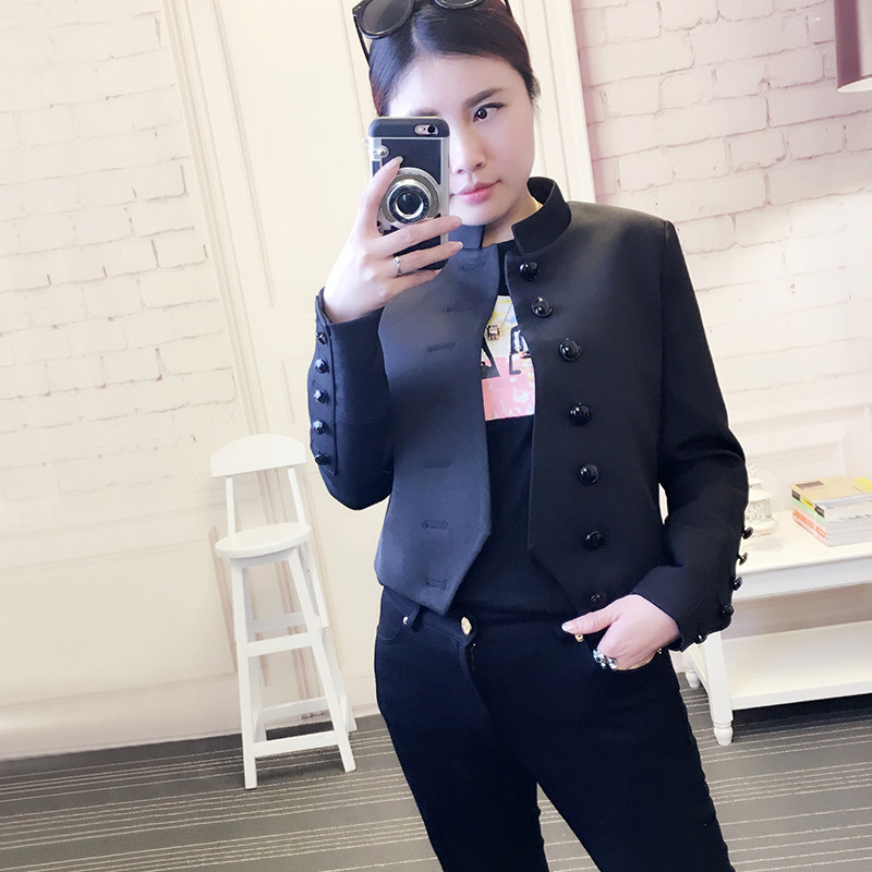 超帅气单排扣立领中山装女 2017春秋显瘦黑色