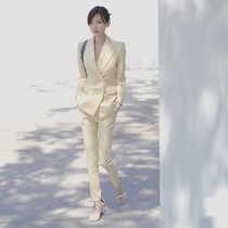 European and American Spring Summer Fall new light yellow Western-style jacket OL Career Body-up Handsome and Double Buttoned Small Suit Suit Woman
