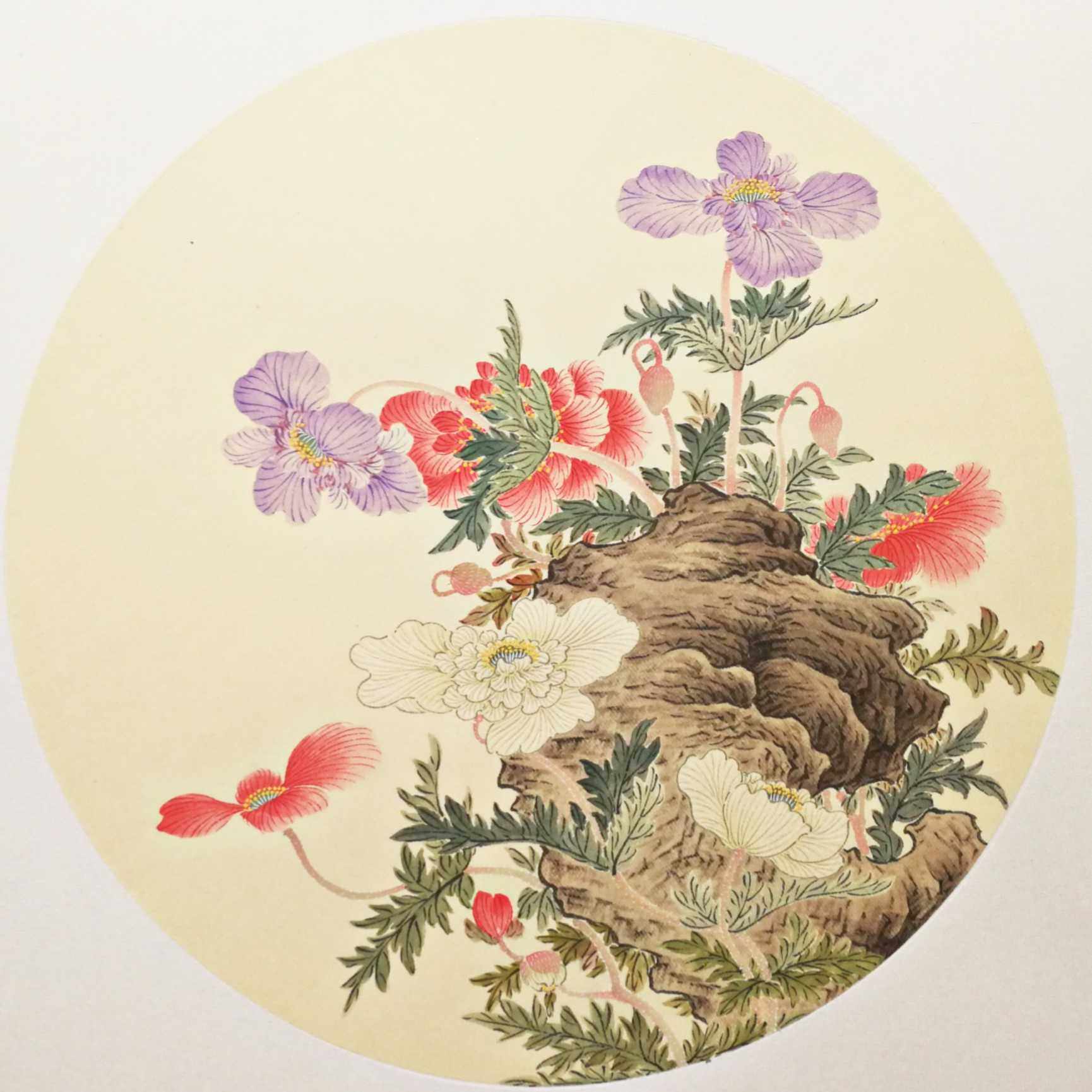 福海阁 工笔没骨花鸟画斗方圆形镜片纯手工.