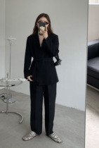 Lonslan homemade 2021 spring summer black tough suit wide leg pants
