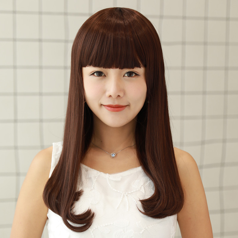 安可儿经典中长直发齐刘海微卷假发女甜美假发长直发蓬松修脸圆脸