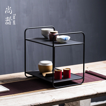 Japanese double-layer wrought iron tea shed tea table storage rack kung fu tea set accessories table rack tea cup holder