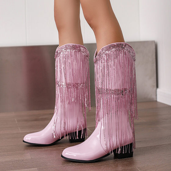 2023 new European and American style sequin tassel boots patent leather fashion boots pointed toe thick heel women's western denim boots
2023 new European and American style sequin tassel boots patent leather fashion boots pointed toe thick heel women's western denim boots