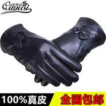 Leather Gloves Ladies Sheepskin Bow Winter Warm Plus Velvet Thickened Riding Driving Outdoor Leather Gloves