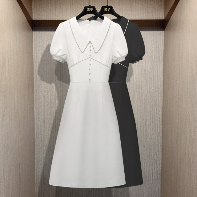 Concubine Xiaoxiang lady-style dress summer French retro high-waist slim doll collar lantern sleeve A-line small white dress