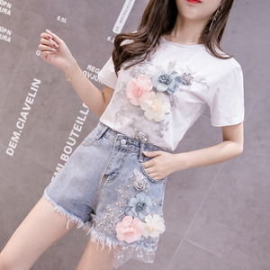 Summer women’s embroidered sequins solid flower short sleeve T-shirt with raw edge Denim Shorts Set