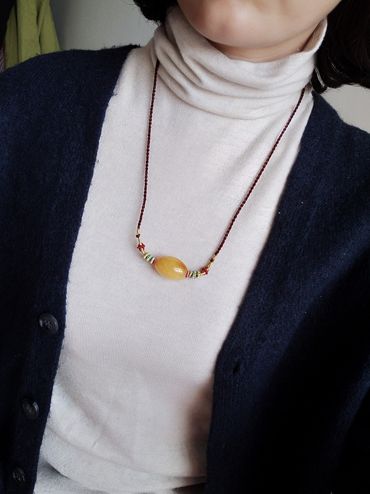 天然蜜蜡桶珠 老型锁骨链 手工编织多宝文艺复古颈链气质饰品原创