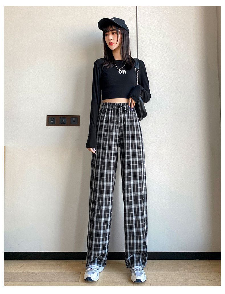 实拍黑白格子裤女宽松阔腿裤子2021高腰直筒长裤休闲跑步运动裤