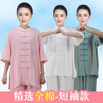 New 2022 Summer Pure Cotton Low Collar Tai Chi Suit Woman Mid Sleeve Breathable Male Short Sleeve Taijiquan Style 70% sleeves